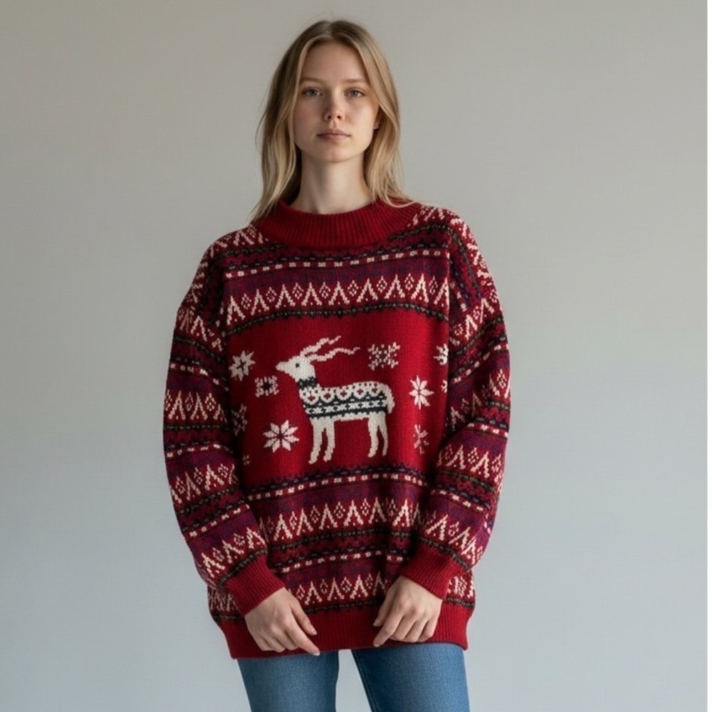 Northern Isles Vintage Reindeer Fair Isle Sweater Red XL Hand Embroidered Knit